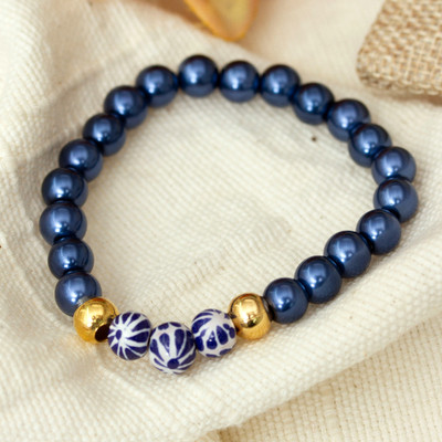 Blue Cultured Pearl and Talavera Ceramic Beaded Bracelet