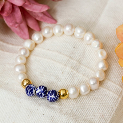 White Cultured Pearl and Talavera Ceramic Beaded Bracelet