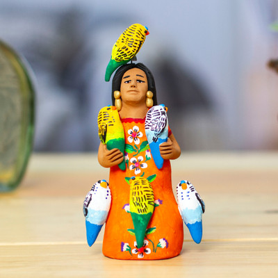 Ceramic Sculpture of Woman in Mexican Attire with Parrots
