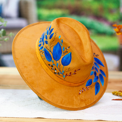 Hand-Painted Leafy Blue and Ginger Suede Fedora from Mexico