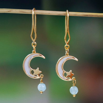 Moon and Star-Themed 14k Gold-Plated Agate Dangle Earrings