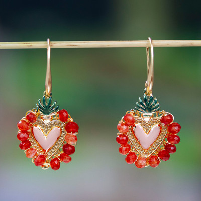 Strawberry 14k Gold-Plated Carnelian Heart Dangle Earrings