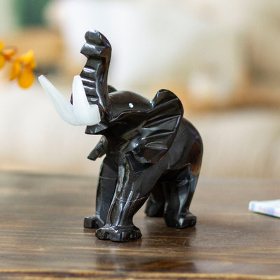 Black Elephant-Themed Hand-Carved Marble Accent Sculpture