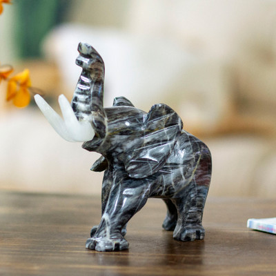 Grey Marble Elephant Sculpture for Tabletop Desk Bookshelf