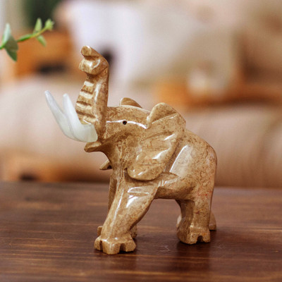 Artisan Carved Natural Marble Elephant Figurine in Brown Hue