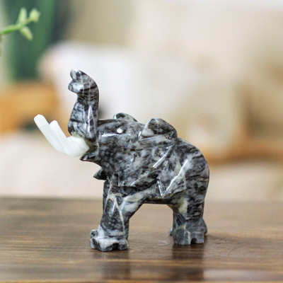 Elephant Marble Sculpture in Grey Hue Hand-Carved in Mexico