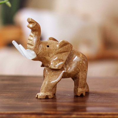 Hand-Carved Marble Sculpture of Brown Elephant Raising Trunk