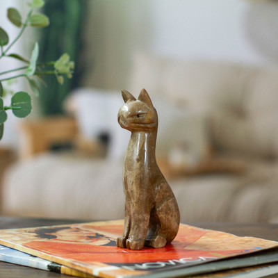 Cat-Themed Modern Hand-Carved Marble Sculpture in Brown