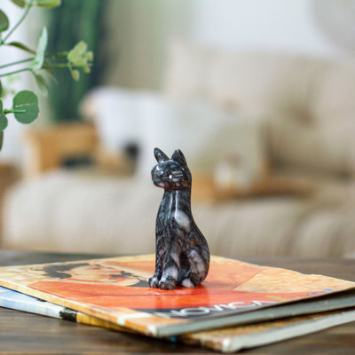 Cat-Shaped Hand-Carved Small Grey Marble Accent Sculpture