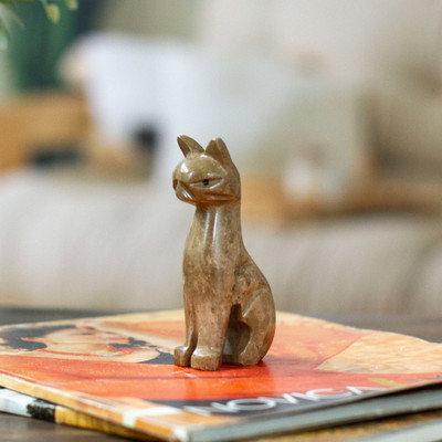 Artisan Carved Minimalist Marble Cat Figurine in Brown Shade
