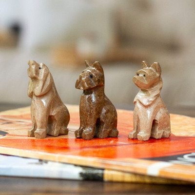 3-Piece Hand-Carved Dog Marble Figurine Set in Earthy Tones
