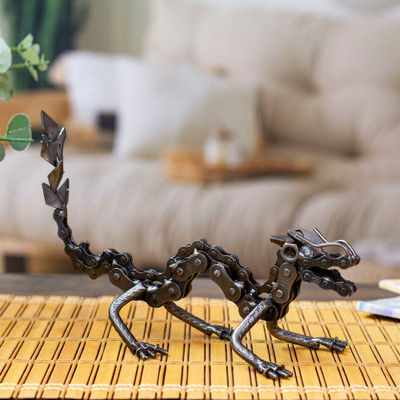 Dragon-Themed Upcycled Metal Sculpture in an Oxidized Finish