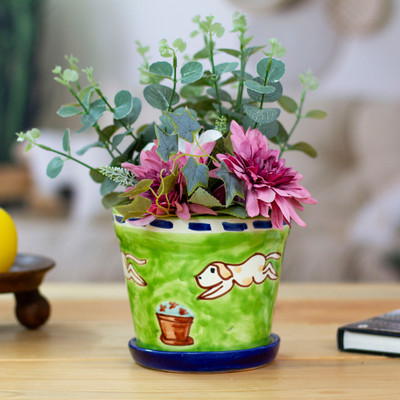 Whimsical Dog-Themed Medium-Sized Flower Pot and Saucer Set