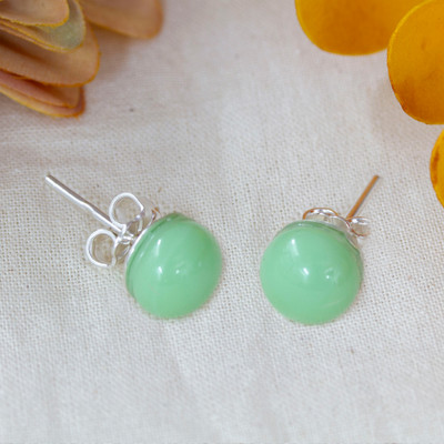 Handmade Mint Green Fused Glass Silver Round Stud Earrings