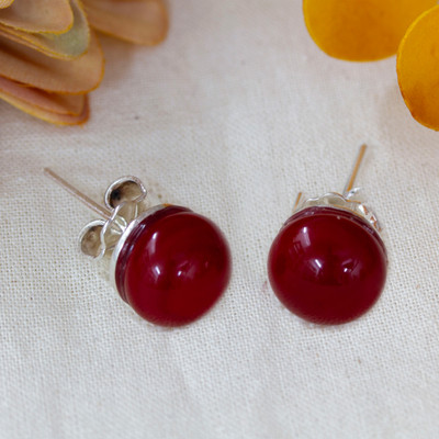 Handmade Fused Glass Silver Round Stud Earrings in Red Hue