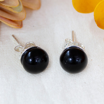 Black Round Handcrafted Fused Glass Silver Stud Earrings