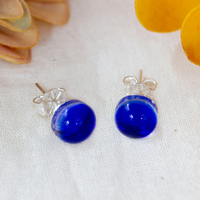 Handmade Fused Glass Silver Stud Earrings in Royal Blue Hue