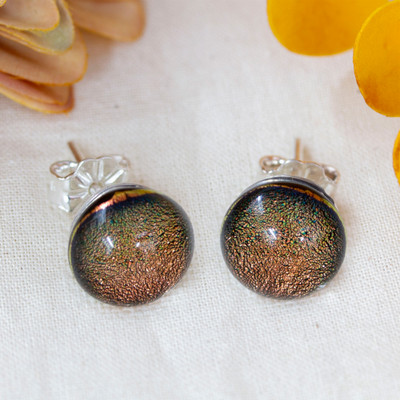 Copper-Toned Handmade Dichroic Glass Silver Stud Earrings