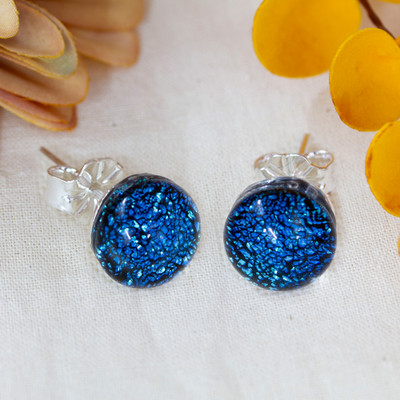Handmade Sparkling Blue Dichroic Glass Silver Stud Earrings