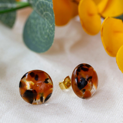 Gold-Accented Fused Glass Mosaic Button Earrings in Brown