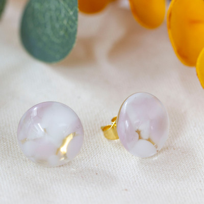 Fused Glass Mosaic Button Earrings with Gold-Plated Posts