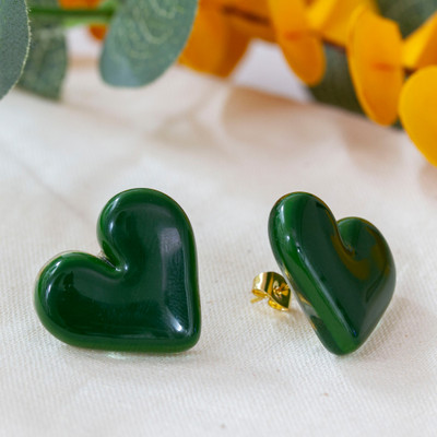 Green Heart Fused Glass Button Earrings with Gold Plating
