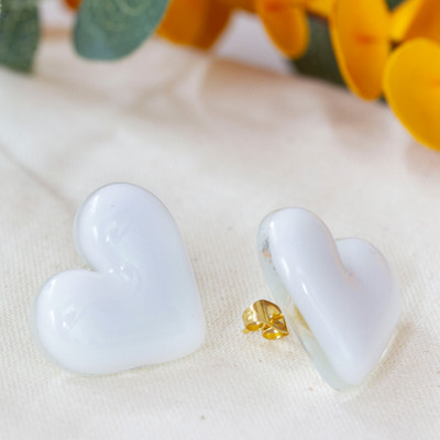 White Heart-Themed Fused Glass Gold-Accented Button Earrings