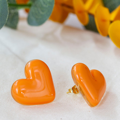 Fused Glass Gold-Accented Orange Heart Button Earrings