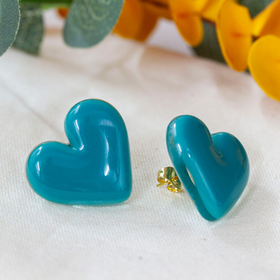Teal Heart-Shaped Fused Glass Gold-Accented Button Earrings