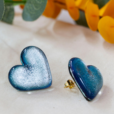 Dichroic Glass Blue Gold-Accented Heart Button Earrings