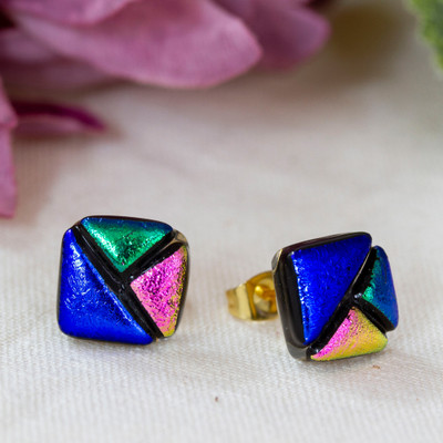 Geometric Gold-Accented Dichroic Glass Mosaic Stud Earrings