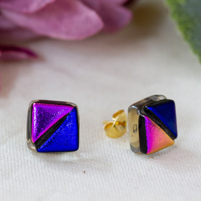 Square Triangle-Themed Dichroic Glass Mosaic Stud Earrings