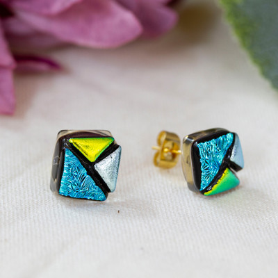 Modern 18k Gold-Accented Dichroic Glass Mosaic Stud Earrings