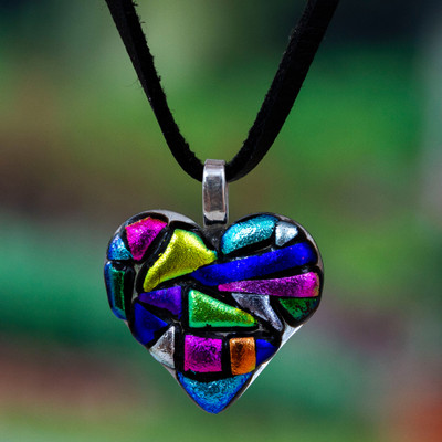 Colorful Heart-Shaped Dichroic Glass Mosaic Pendant Necklace