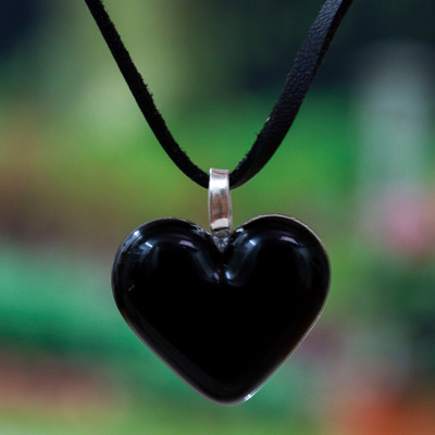 Handcrafted Black Heart-Themed Fused Glass Pendant Necklace