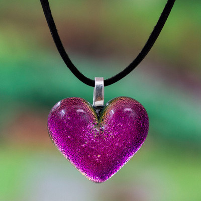 Heart-Themed Dichroic Glass Pendant Necklace in Fuchsia