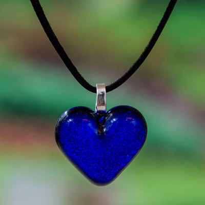 Heart-Shaped Dichroic Glass Pendant Necklace in Royal Blue