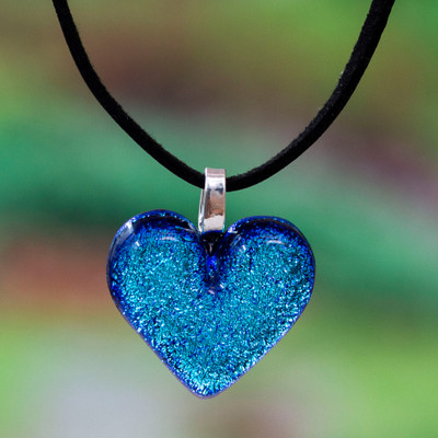 Metallic Blue Heart-Themed Dichroic Glass Pendant Necklace