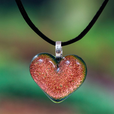 Copper-Toned Art Glass and Faux Suede Heart Pendant Necklace