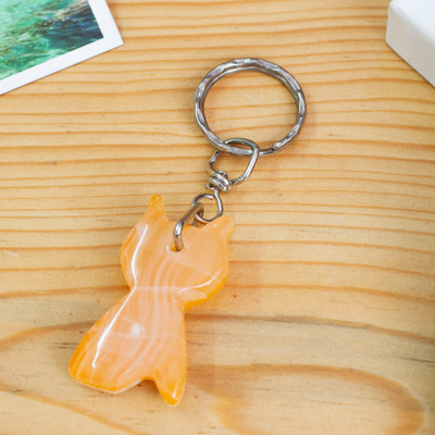Cat-Themed Artisan-Made Natural Onyx Keychain in a Melon Hue