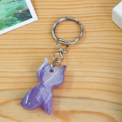 Hand-Carved Cat-Shaped Natural Onyx Keychain in Purple Hues