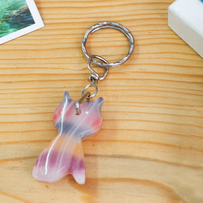 Artisan-Made Natural Onyx Cat Keychain in Multicolor Hues