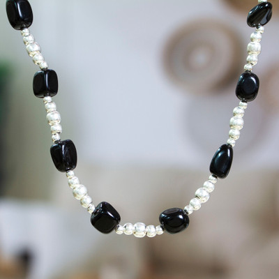 Taxco Silver Beaded Station Necklace with Natural Black Onyx