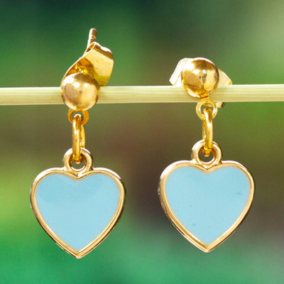 Painted 14k Gold-Plated Copper Heart Dangle Earrings in Blue