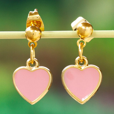 Heart-Themed 14k Gold-Plated Dangle Earrings in Pink Hues
