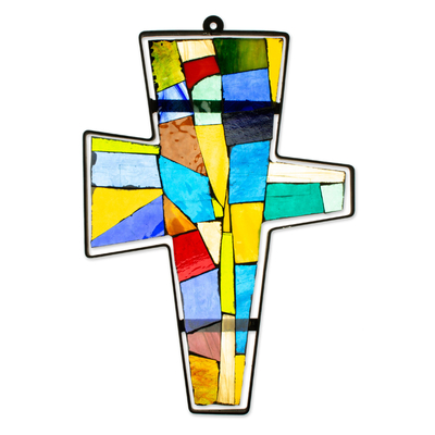 Unique Stained Glass Wall Hanging Cross with Wrought Iron Frame