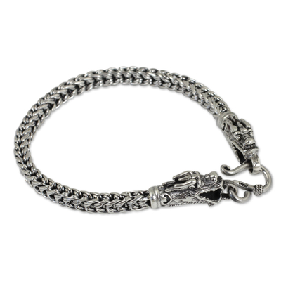 Artisan Crafted Sterling Silver Braided Chain Dragon Head Bracelet