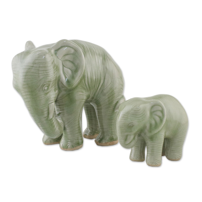 Green Celadon Ceramic Elephant Statuettes (Pair)