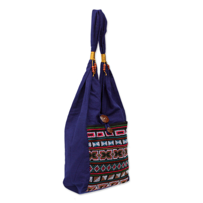 Handmade Blue Cross Body Bag with Embroidered Geometric Design