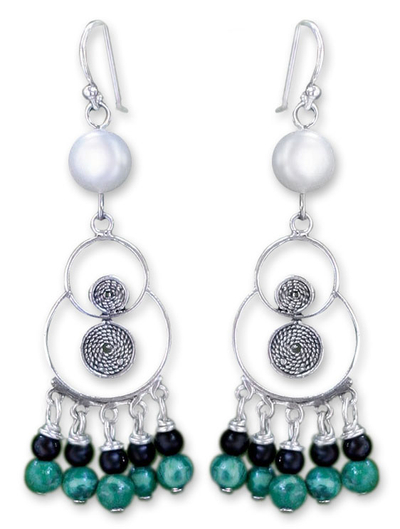 Pearl and malachite chandelier earrings